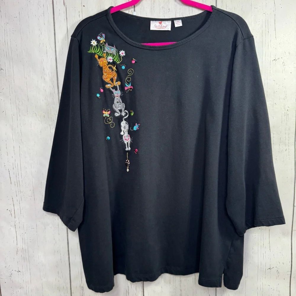 Quacker Factory Black Sequin Beaded Dangle Cats Knit Top 3/4 Sleeve 1X Whimsical